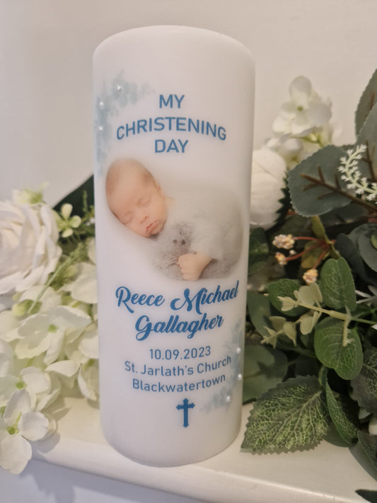 Blue Personalised Christening Candle Eucalyptus with Photo