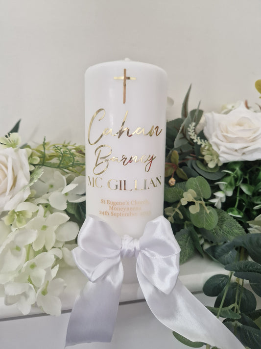 Personalised Gold Christening Candle with Bow