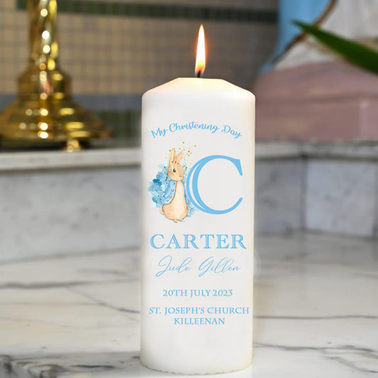 Personalised Peter Rabbit Christening Candle Blue