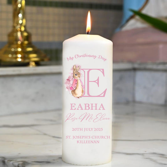 Personalised Flopsy Bunny Christening Candle Pink