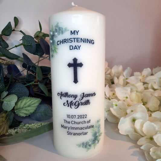 Personalised Christening Candle Eucalyptus & Cross Design