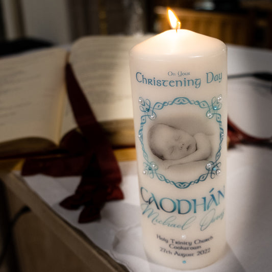 Personalised Christening Candle Celtic with Photo