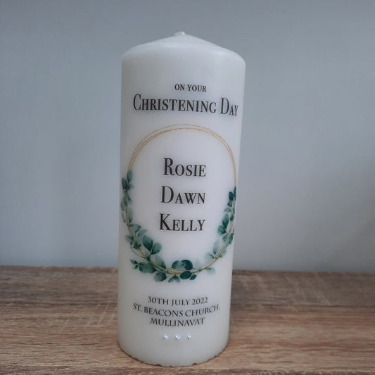 Personalised Christening Candle Eucalyptus Circle