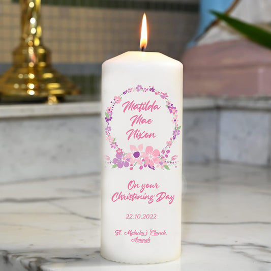 Personalised Christening Candle Floral Design