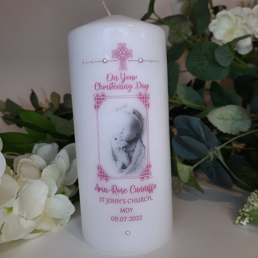 Personalised Christening Candle with Celtic Cross and Photo