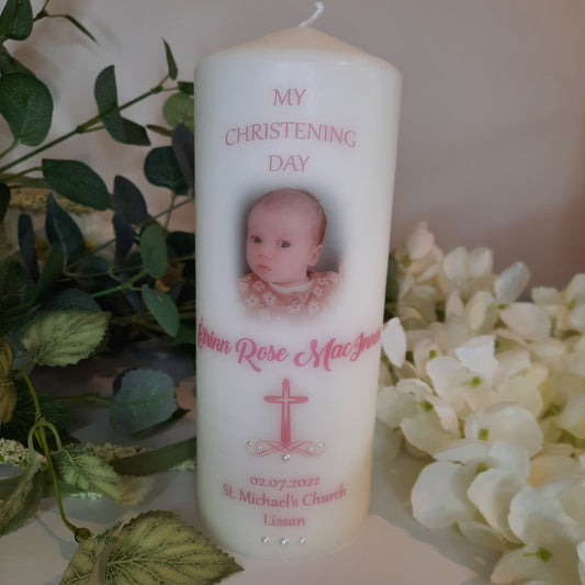 Personalised Christening Candle Swirl Cross with Photo